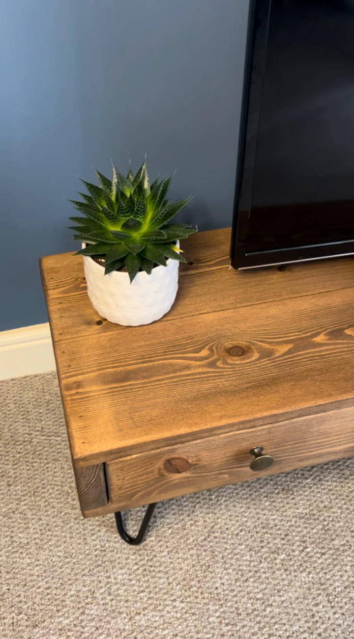Wooden TV Stand Unit with Drawers and Console area Featuring Hairpin legs