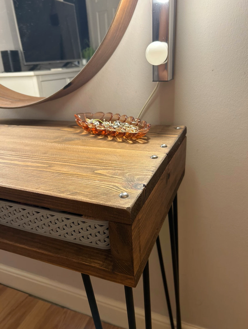 Wooden Vanity Table Featuring Three Prong Hairpin Legs