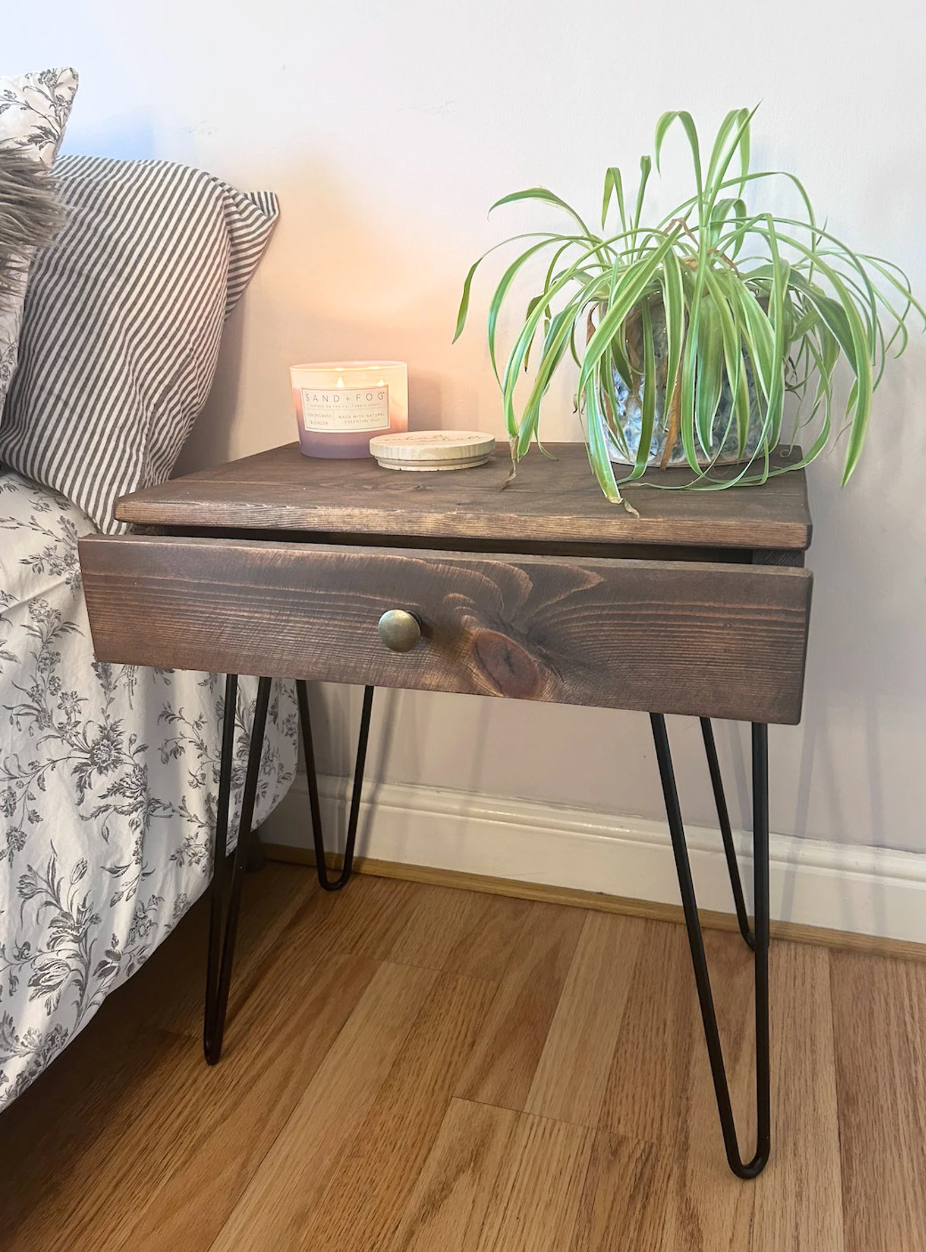Wooden Night Stand with Drawer and Hairpin Legs