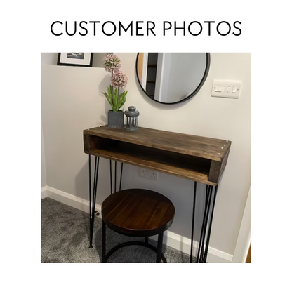 Wooden Vanity Table Featuring Three Prong Hairpin Legs