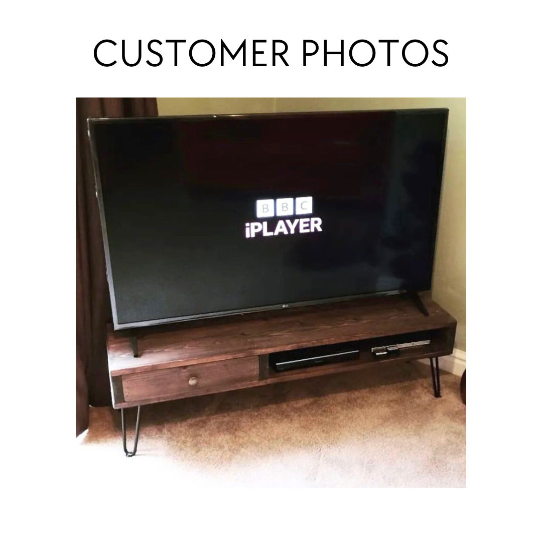 Wooden TV Stand Unit with Drawers and Console area Featuring Hairpin legs