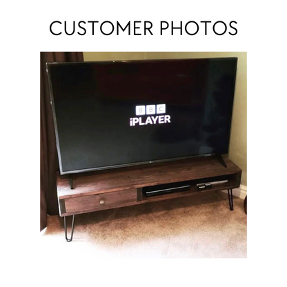 Wooden TV Stand Unit with Drawers and Console area Featuring Hairpin legs