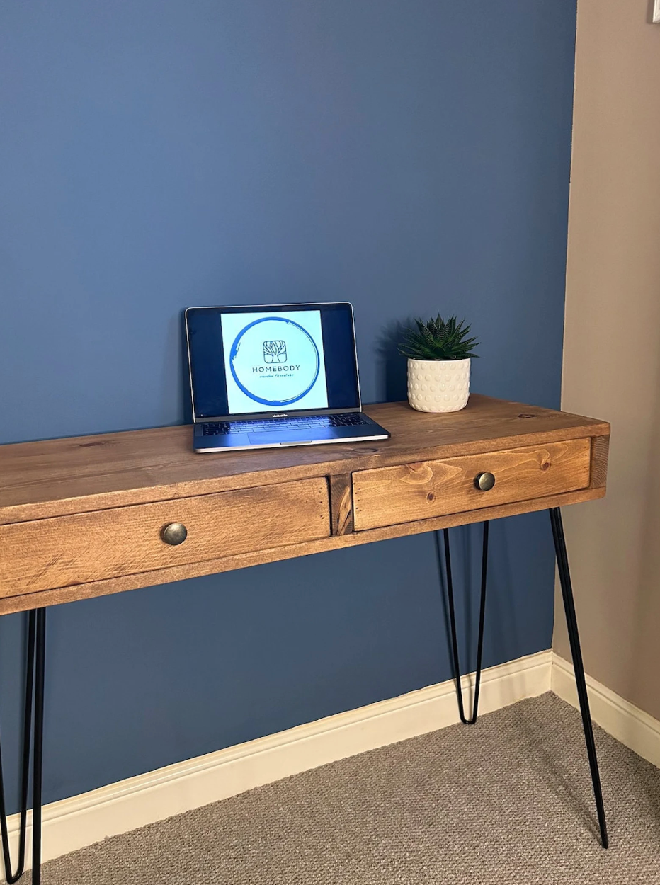 Custom Bespoke Handmade Timber Pine Furniture Computer Desk with 2 drawers and hairpin legs. Industrial, rustic, modern, retro style.