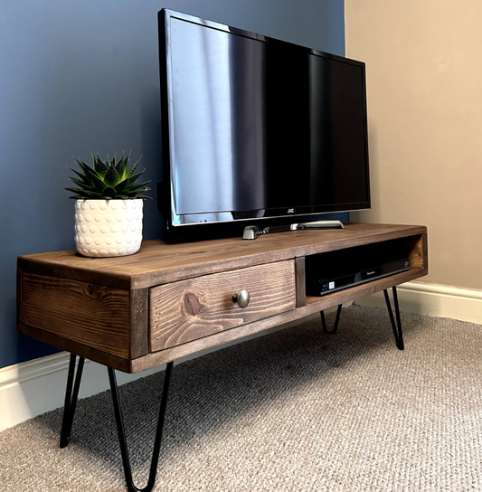 Custom Bespoke Handmade Timber Pine Furniture Tv stand with drawer, cable organiser, console area and hairpin legs. Industrial, rustic, modern, retro style.