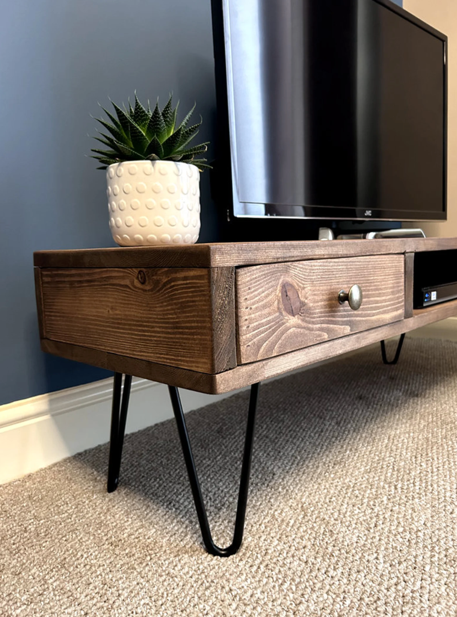 Wooden TV Stand Unit with Drawers and Console area Featuring Hairpin legs