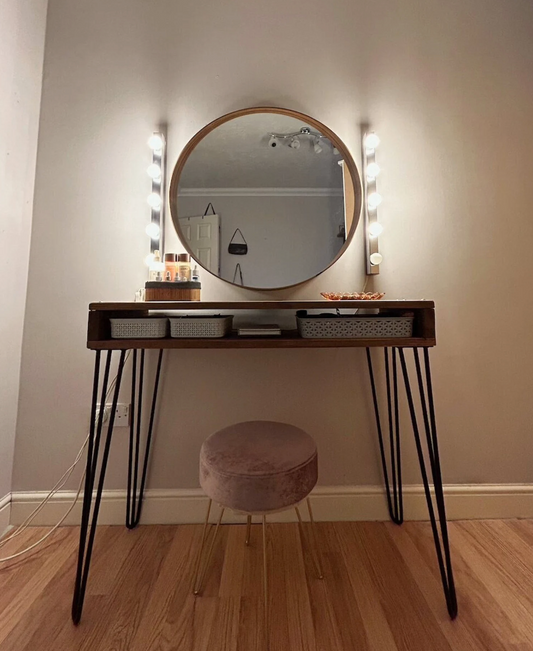 Custom Bespoke Handmade Timber Pine Furniture Dressing table console with open drawer, cable organiser, console area and hairpin legs. Industrial, rustic, modern, retro style. Suitable for hairdressing station.